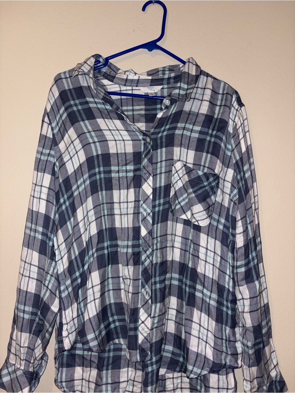 Time and Tru Black, White & Teal Plaid Button-Up Shirt